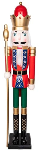 150cm Giant Life-Size Wooden Christmas Nutcracker Soldier Statue King Puppet Figurines Xmas Home Door Decoration Ornament, Red/Green