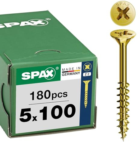 SPAX Tornillo Universal 5 x 100 mm, 180 pzas., Z2, Cabeza Avellanada | Tornillos para madera con punta 4CUT y rosca parcial para uniones firmes sin taladro previo en tableros aglomerados