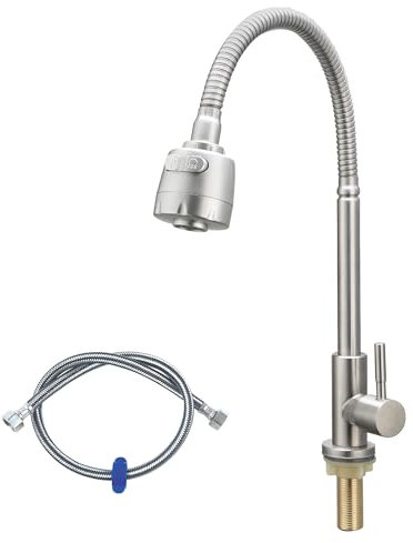 Cold Water Only Faucet Bendable Flexible Neck Kitchen Sink Faucet with Sprayer Aerator Lead-Free Single Handle SUS304 Stainless Steel Deck Mount Sink Bar Tap with One 80CM Long Hose | Brushed Nickel