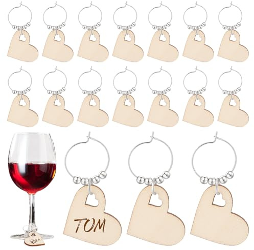 AHANDMAKER 50 Stück Weinglas-Anhänger, Holz-Herz, Getränkemarkierungen, Glasring Mit Messingreifen, Getränke-Anhänger, Dekorationen Für Verkostungen, Valentinstag Party-Glas-Identifikationsdekoration