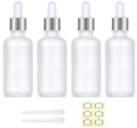 Apstaqeoo 4PCS 50ML Frosted Clear Glass Dropper Bottles with Pipette - Empty Refillable Sample Bottles with Silver Cap for Essential Oil Aromatherapy Perfume Laboratory