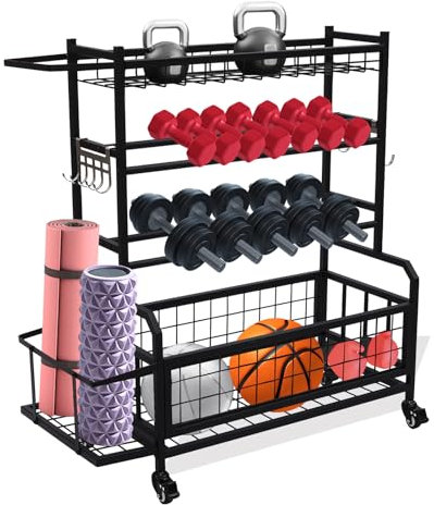 OUBUBY Hantelständer Multifunktionaler Kurzhantelständer für Hanteln,Yoga Matte, Kurzhantelständer Belastbarkeit 300lbs, 102×40×105 cm Einstellbar Hantelscheibenständer mit Rädern und Haken