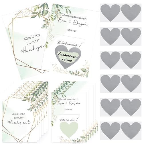 Dianelhall 12 Sets Rubbelkarten Hochzeit Hochzeitsgeschenk Gemeinsam Durch Euer 1. Ehejahr Hochzeitsspiel Für Das Brautpaar 12 Rubbellose 12 Herzaufkleber Als Gutscheine Für Braut Bräutigam
