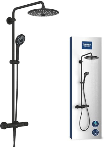 GROHE Vitalio Joy 260 - Shower System Anti-Scald Thermostat with Aquadimmer Function (26cm Head Shower 3 Sprays, 11cm Hand Shower 3 Sprays, Water Saving, Safety Functions), Phantom Black, 26403KF2