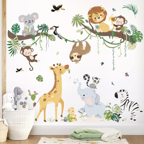 decalmile Adesivi Murali Animali della Giungla Albero Ramo Adesivi da Parete Giraffa Elefante Leone Safari Decorazione Murale Camerette Bambini Camera da Letto