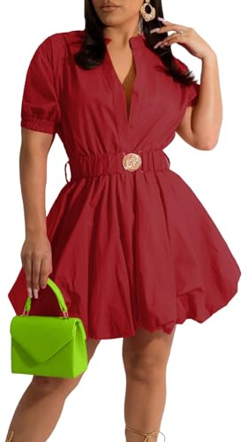 ENOPINK Women Deep V Neck Mini Dress Puffy Sleeves Birthday Bubble Dresses with Belt Red M