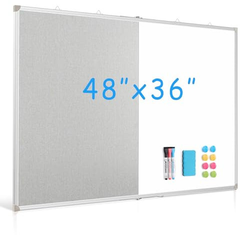 DOLLAR BOSS Faltbare Leinenkorktafel, Whiteboard, Kombi, 121,9 x 91,4 cm, extra groß, magnetisch, trocken abwischbar, Pinnwand, tragbar, doppelseitig, Aluminiumrahmen, Pinnwand für Schule, Büro, Grau