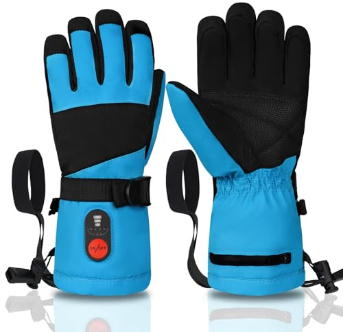 Heated Gloves for Kids, 3-Heat Settings Winter Gloves, Rechargeable Batteries, Water Resistant Windproof Kids Ski Gloves with Grip, Ideal for Skiing, Snowball Fights, Cycling, Gift (Blue, Small)
