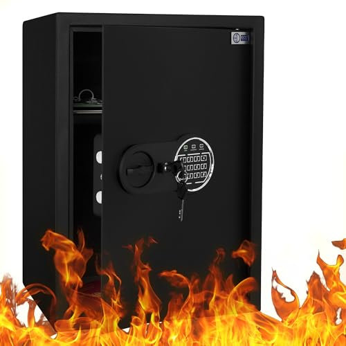 ECD Germany Caja Fuerte de Seguridad Eléctronica 43L 35x50x31 cm con Bolsa Ignífuga, Teclado Númerico Digital, Luz de Sensor y Código PIN Metal Negro Depósito Seguro de Pertenencias Empotrable