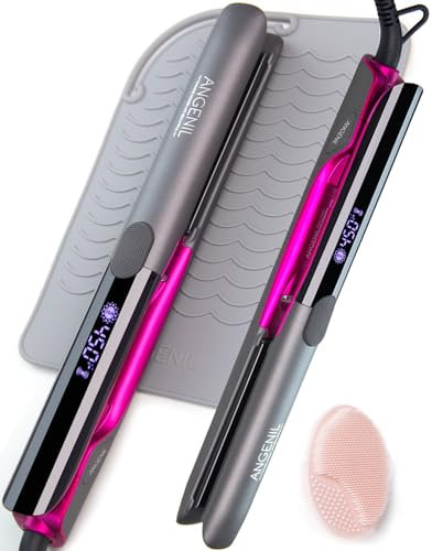 ANGENIL Titanium Hair Straighteners for Women, Heat Mat Hair Straightener, Dual Voltage Flat Iron Travel Straighteners and Curling Iron 2 in 1, 15s Fast Heating, Anti-scalding and Anti-Slip Design