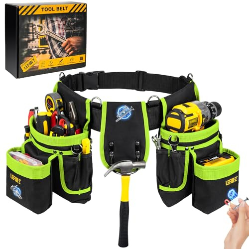 Tool Belt,Magnetic Tool Pouch,27-Pockets Heavy Duty Padded Tool Belts for Men with 4 D-Rings,Detachable Adjustable Tool Pouch Bag for Electrician,Carpenter,Construction,Utility Work Belt,Black Green | Heavy Duty Utility Belt with Detachable Tool Pouch Bag,Magnet Toolbelt for Electrician,Carpenter,Dad Gifts,Black/Green