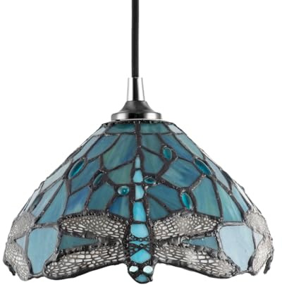 Traditional Dragonfly Themed Emerald Green Stained Glass Tiffany Pendant Lamp Shade with Blue and Clear Beads | 20cm x 14cm | 40w Maximum by Happy Homewares