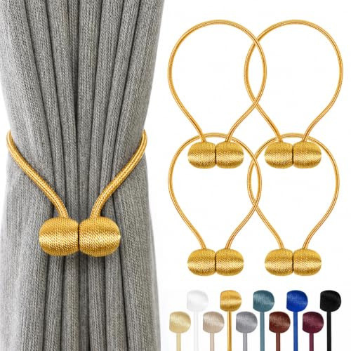 TopHomer 4 Stück Magnetische Vorhang Raffhalter, 10 Farben | Für Wohn-/Schlafzimmer, Bad & Esszimmer, passt zu Vorhängen/Gardinen/Duschvorhänge (Gold)