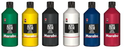 Marabu Acryl Color Big Pack Grundfarben, 6 x 500 ml, cremige Acrylfarbe auf Wasserbasis, schnell trocknend, lichtecht, wasserfest, zum Auftragen mit Pinsel & Schwamm auf Leinwand, Papier, Holz