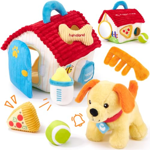 hahaland Plüschhund Baby Spielzeug Set für ab 6-12 Monate, 8-teiliges Set | Hundehütte Design mit Rassel Spiegel & Formen, Sensorik Babyspielzeug Lernen & Rollenspiel, Geschenk Spielzeug ab 1 2 jahre