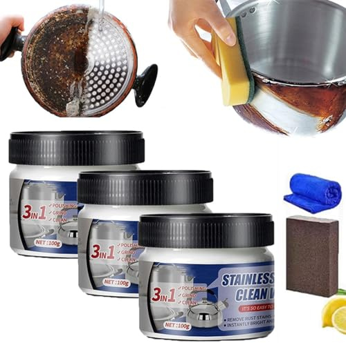 Lot de 3 cires nettoyantes pour acier inoxydable, nano-technologie, pâte de nettoyage sans danger pour les surfaces métalliques, anti-rouille, pour casseroles et poêles, sans résidus