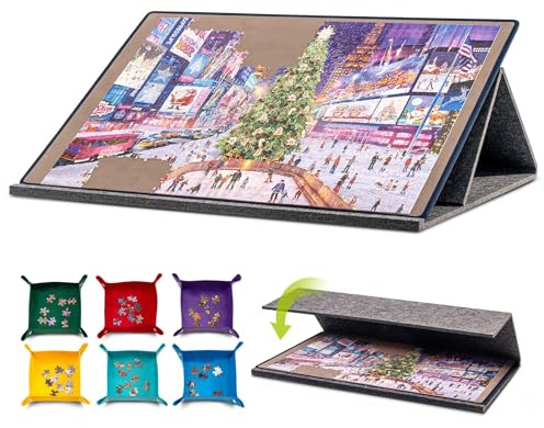 Tektalk Jigsaw Puzzle Board with 2-in-1 Designed Stand & Cover, Multi-Angle Adjustable Bracket & 6 Color Sorting Trays, Lightweight Portable Mat for Puzzle Storage Saver, Up to 1000 Pieces (Gray)
