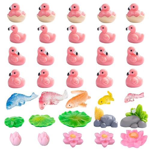 Mini Resin Cartoon Flamingo Decor Set- 35-Piece Tiny Aquarium Ornaments with Lily Pads, Lotus Flowers, Fish & Rocks for Dollhouse, Fairy Garden, Plastic Cute Animals for DIY Crafts