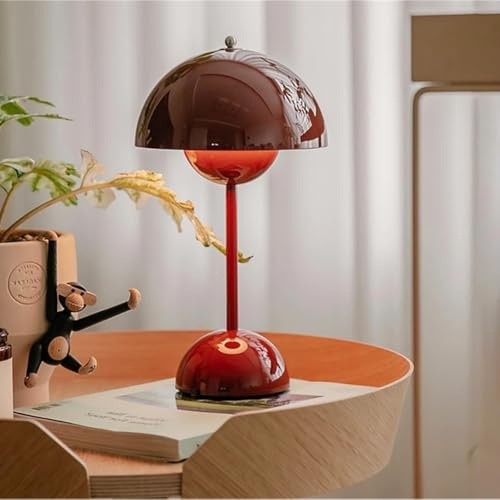 TRIXES Mushroom Table Lamp, Wine Red, Rechargeable, Cordless, 3 Light Modes | Cordless with 2000mAh Battery for Longer Use – Fully Dimmable Ambient Light