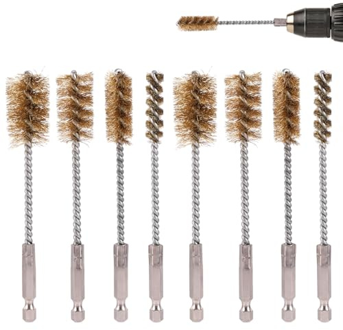 8pcs Bore Brush For Drill, Brass & Stainless Steel Brush Set with 1/4 Hex Shank Twisted Metal Round Wire Copper Cleaning Tool for Power Drill Impact Driver & Tube, 3/8'' 1/2'' 3/4'' 7/8'' Diameter
