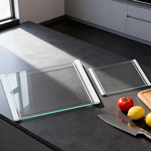 GlassCuisine Tempered Glass Cutting Board Set for Kitchen Counter - Dishwasher Safe with Juice Grooves, Non-Slip Silicone Edges & Beveled Grip - 16x12 & 12x8 Serving Tray (White-2PCS)
