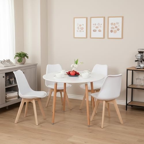 H.J WeDoo Esstisch mit 4 Stühle Essgrupp Holztisch und Weiß Skandinavisches Stuhl Esstisch Set für Esszimmer Küche 100cm | Essgruppe 100 cm Runder Küchentisch, skandinavisches Design, für 4 Personen, für Balkon Wohnzimmer