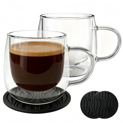 CHDEXU Glass Coffee Mugs Set of 2, 300ml Double Walled Insulated Glass Mugs with Handle and Coaster, Heat Resistant Borosilicate Clear Glass Cups for Espresso Latte Cappuccino, Tea Bag, Beverage