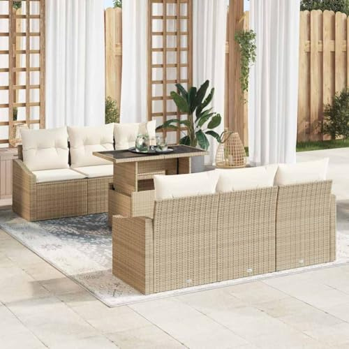 Bucmath Gartensofa-Set mit Stauraum, 7-teilig, Beige und Creme Poly-Rattan, modulares Loungeset für Terrasse, Garten, Balkon, wetterfest und UV-beständig