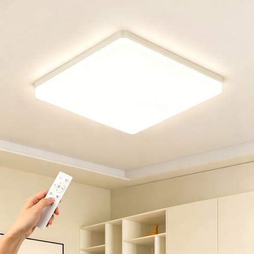 Kuwork LED Deckenleuchte 48W Dimmbar mit Fernbedienung, IP44 Wasserdicht Badlampe, Deckenlampe LED Quadratisch 30x30 cm für Badezimmer Küche Schlafzimmer Wohnzimmer Flur