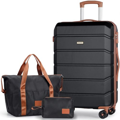 Tavoxda Suitcase Sets 3 Piece, Hard Shell Lightweight ABS Trolley Travel Luggage Set Spinner Wheels & TSA Lock with Travel Duffel Bag and Toiletry Bag, 24” Medium Set, Black