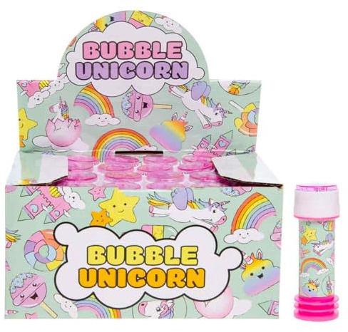 BEMIRO Seifenblasen Set für Kinder, 24 Stück, 30 ml, ca. 9 cm, mit Kugelspiel im Deckel, Kindergeburtstag und Mitgebsel (Einhorn)