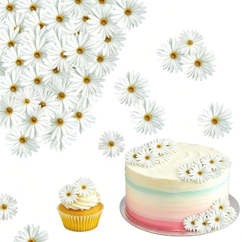 60Pcs Décorations Comestibles en Fleurs Cupcake, Décorations de Gâteaux aux Fleurs de Cerisier, Gluant Papier de Riz Décoratif Gâteau (Blanc)