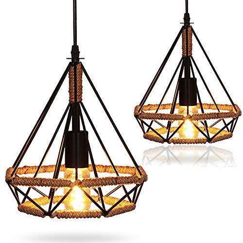 xin da xin 2 piezas retro creativo cuerda lámpara colgante, AC 230 V E27, lámpara colgante, forma de diamante, jaula de hierro, lámpara de techo colgante, candelabro vintage de cuerda de cáñamo de