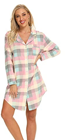 Misscoo Chemise de Nuit Femme en Coton à Manches Longues,Pyjama Femme Hiver en Flanelle, Vêtements de Nuit Boutonnée Devant,Grandes Tailles-Taille L - imprimé Ecossais