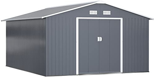 Outsunny 13 x 11ft Metal Garden Shed, Outdoor Storage Tool House with Ventilation Slots, Foundation Kit and Lockable Double Doors, Grey