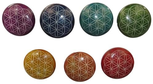 Woru 7 Handschmeichler aus Speck-Stein mit der Blume des Lebens in den Chakra-Farben, Durchmesser 5 cm, Gelb, Orange, Rot, Grün, Hellblau, Blau, Violett