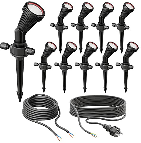 ledscom.de 10er Set Gartenstrahler mit Erdspieß PIRK für außen, IP44, schwarz, Stecker, inkl. GU10 LEDs je 630lm warmweiß