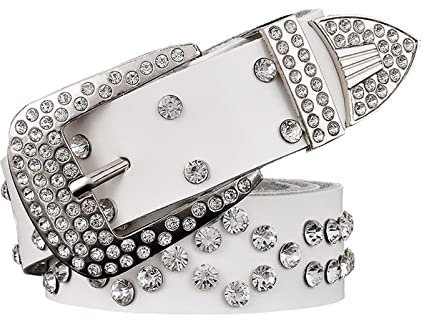 Elegantyl Strass Ledergürtel für Damen Dornschließe Damen Gürtel Damen Bekleidung Accessoires Breite 3,3cm, Weiß, 100cm