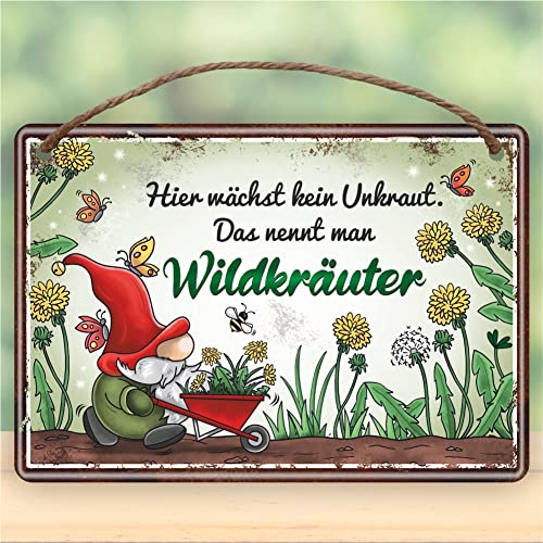 Metallschild rostfrei Blechschild mit Kordel zum Anhängen - Hier wächst kein Unkraut, das nennt man Wildkräuter - Gartenschild Schild Türschild mit lustigem Spruch im Vintage Retro Look