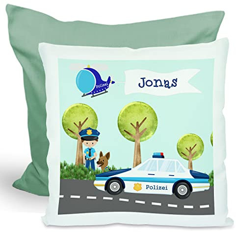 CreaDesign, Kinder Kissen 40x40 cm personalisiert mit Namen, Kinderzimmer Deko Kissen Kinder mit Füllung Federn, Motiv Polizei, Rückenfarbe Grün