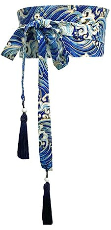 Japansk traditionell kimono-bälte kvinnor korsett tofsbälte blå vågmönster brett bälte Yukata kran Haori Obi asiatisk midjebälten, 2, 10cm width