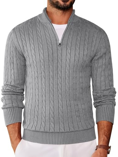 COOFANDY Pull Homme Col Montant Half Zip Manches Longues Coupe Slim Pull Col Roulé Maille Fine Basic Pull Polo Motif Tressé