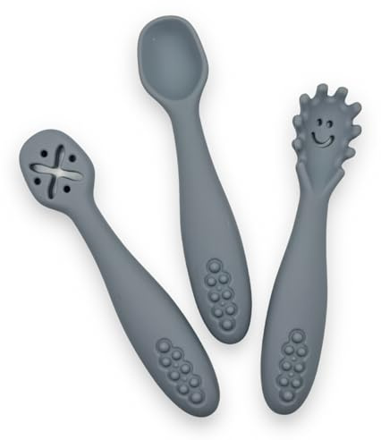 leyla&e Baby Esslernlöffel (3er Set) für eigenständiges Essen | BPA-frei & LFGB-zertifiziert | Spülmaschinenfester Silikonlöffel | Lernlöffel geeignet für BLW (Blue)