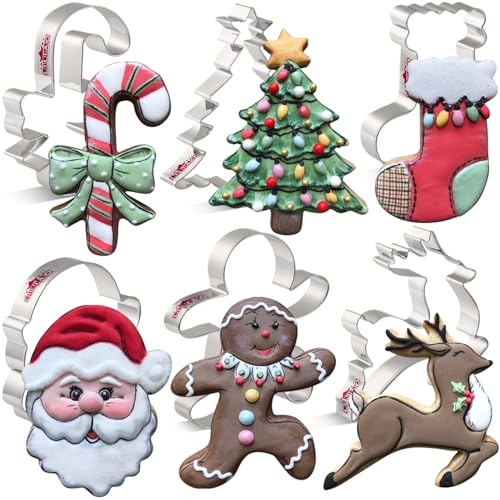 LILIAO Christmas Cookie Cutter 6-Pc Set, Christmas Tree, Santa Face, Gingerbread Man, Reindeer, Candy Cane, Stocking Biscuit Fondant Cutters, Stainless Steel