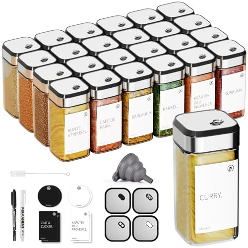 Miorkly 24 Barattoli per Spezie Rettangolari con Inserto per Spargere Spezie in Vetro da 120ml, Contenitore per Spezie con Coperchio Girevole per Spezie con Etichetta, Barattolo per Spezie