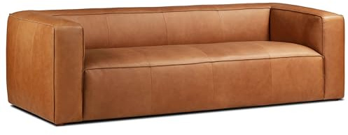 Poly & BARK Piazza 95” Leather Sofa in Saddle Tan – Full‑Grain Pure‑Aniline Italian Leather, Low Profile Frame, Raw Seam Detailing, Soft Tufted Cushions – Rustic Modern Centerpiece for Living Spaces