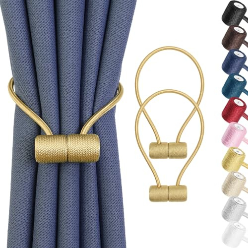 Remunkia Magnetic Curtain Tiebacks 2 Pack, Curtain Tie Backs Holder, Outdoor Curtains Tiebacks Window Treatment Holdbacks with Strong Magnet for Home Bedroom Office Decorative Drape Curtains - Gold