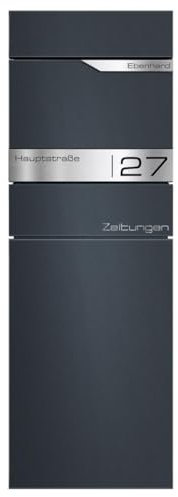 Metzler Standbriefkasten freistehend in Anthrazit RAL 7016 aus Stahl mit Zeitungsfach - personalisiertes Namensschild aus rostfreiem V4A Edelstahl | Witterungsbeständig, inkl. Montagematerial | Alves