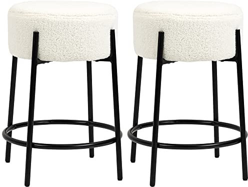 HOMCOM Conjunto de 2 Taburetes Altos de Cocina Tapizado en Borreguito Sillas Altas de Cocina sin Respaldo Carga 120 kg para Bar Salón Comedor Blanco