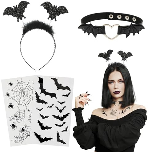 Meleager Fledermaus Haarreif, Fledermaus Ohren, Fledermaus Aufkleber Halsband, Halloween Haarreif Damen, Halloween Kopfschmuck, Fledermaus Kostüm Accessoires für Halloween, Karneval